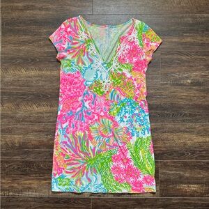 Lilly Pulitzer Neon Pink, Green & Blue Floral V‑Neck Mini Dress